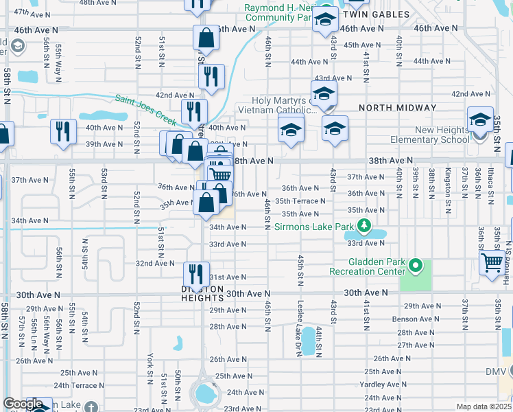 map of restaurants, bars, coffee shops, grocery stores, and more near 4629 35th Avenue North in St. Petersburg