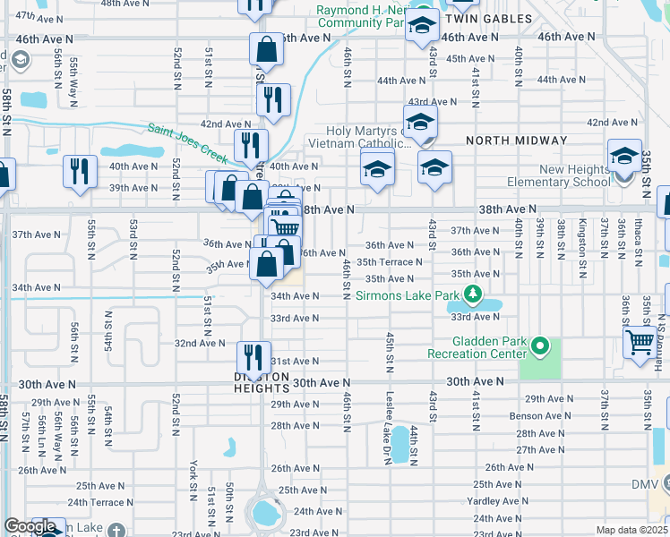 map of restaurants, bars, coffee shops, grocery stores, and more near 4629 35th Avenue North in St. Petersburg