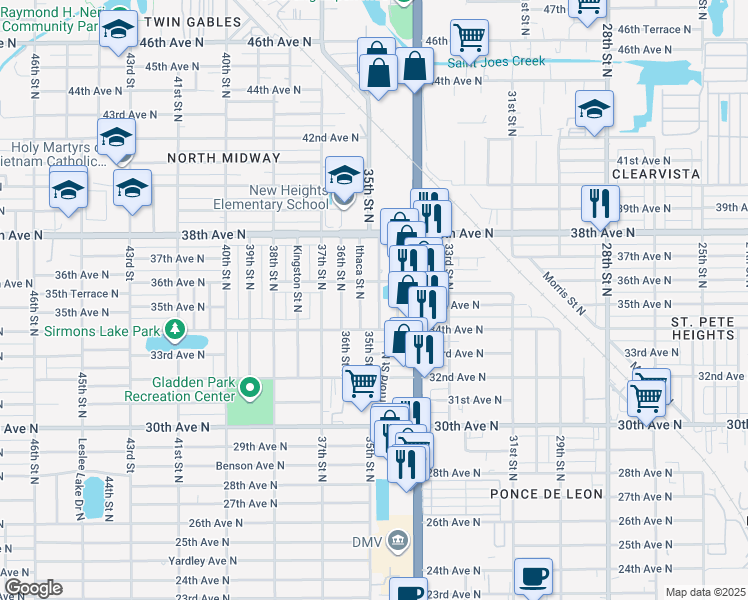 map of restaurants, bars, coffee shops, grocery stores, and more near 3512 35th Street North in Saint Petersburg