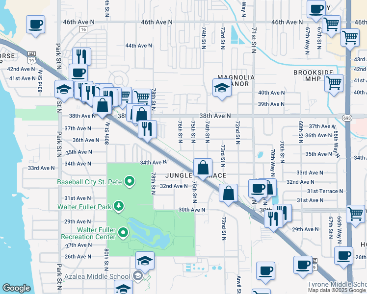 map of restaurants, bars, coffee shops, grocery stores, and more near 7545 35th Avenue North in St. Petersburg