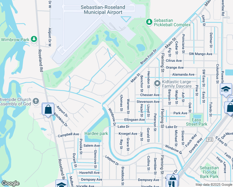 map of restaurants, bars, coffee shops, grocery stores, and more near 386 Main Street in Sebastian