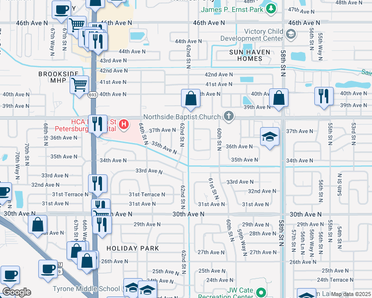 map of restaurants, bars, coffee shops, grocery stores, and more near 3541 62nd Street North in Saint Petersburg