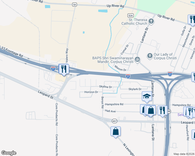 map of restaurants, bars, coffee shops, grocery stores, and more near 930 Rambler Place in Corpus Christi