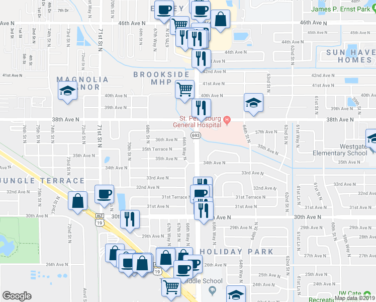 map of restaurants, bars, coffee shops, grocery stores, and more near 3529 66th Way North in Saint Petersburg