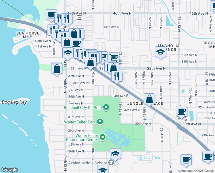 map of restaurants, bars, coffee shops, grocery stores, and more near 95 5th sttreet in St. Petersburg