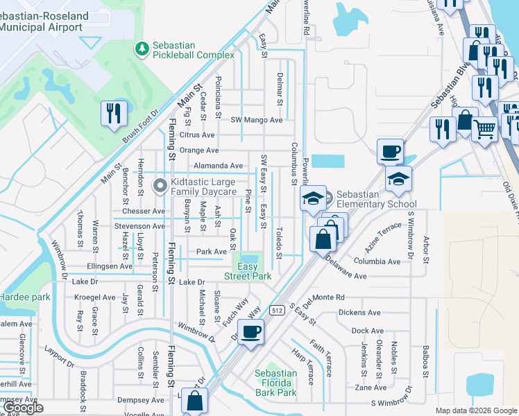 map of restaurants, bars, coffee shops, grocery stores, and more near 410 Easy St in Sebastian