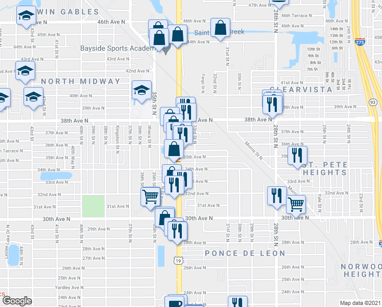 map of restaurants, bars, coffee shops, grocery stores, and more near 3500 33rd Street North in Saint Petersburg