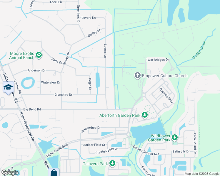 map of restaurants, bars, coffee shops, grocery stores, and more near 12916 Lovers Lane in Riverview