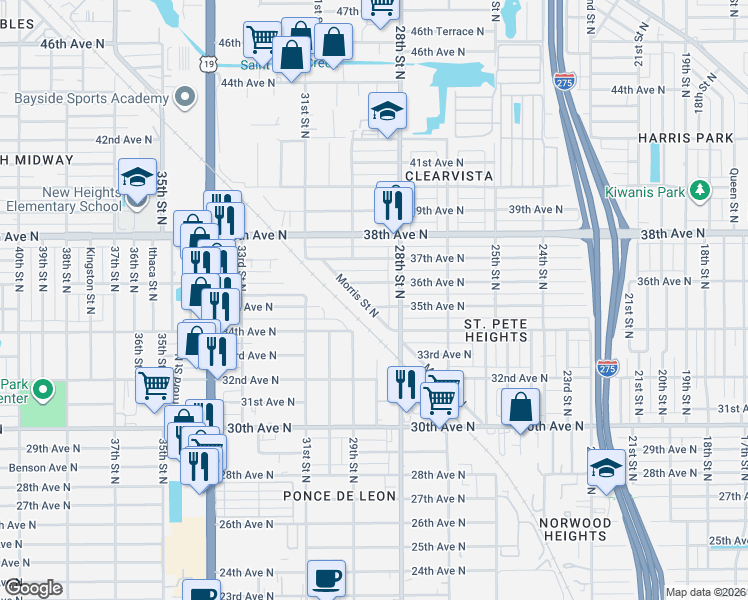 map of restaurants, bars, coffee shops, grocery stores, and more near 2853 35th Avenue North in St. Petersburg