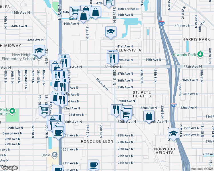 map of restaurants, bars, coffee shops, grocery stores, and more near 2853 35th Avenue North in St. Petersburg