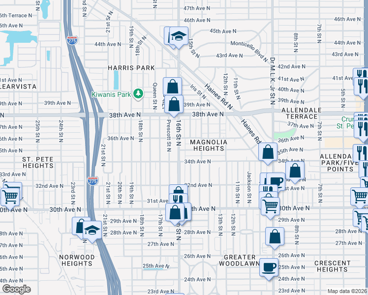 map of restaurants, bars, coffee shops, grocery stores, and more near 1535 35th Avenue North in St. Petersburg