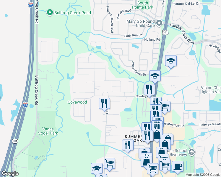 map of restaurants, bars, coffee shops, grocery stores, and more near 10213 Avelar Ridge Drive in Riverview