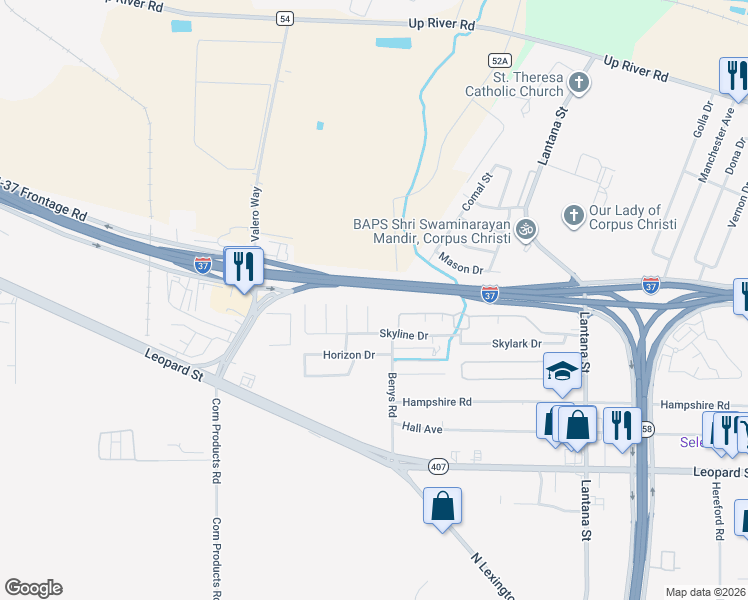 map of restaurants, bars, coffee shops, grocery stores, and more near 930 Rambler Place in Corpus Christi