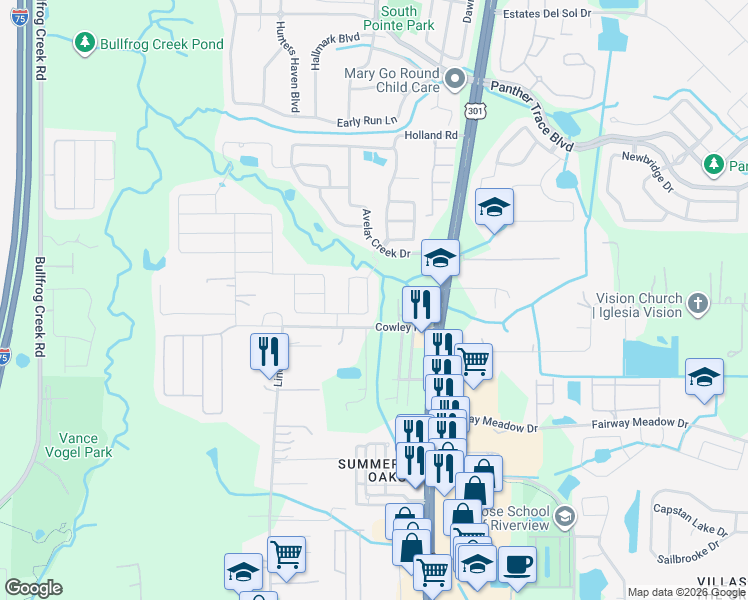 map of restaurants, bars, coffee shops, grocery stores, and more near 10331 Avelar Ridge Drive in Riverview