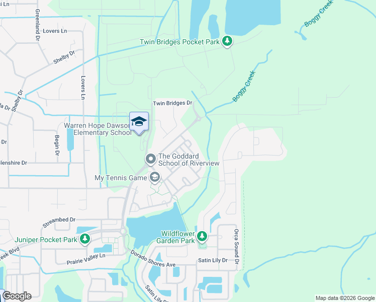 map of restaurants, bars, coffee shops, grocery stores, and more near 13009 Pennybrook Drive in Riverview