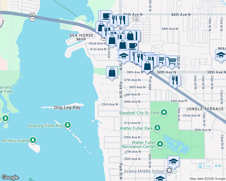 map of restaurants, bars, coffee shops, grocery stores, and more near 8249 35th Avenue North in St. Petersburg