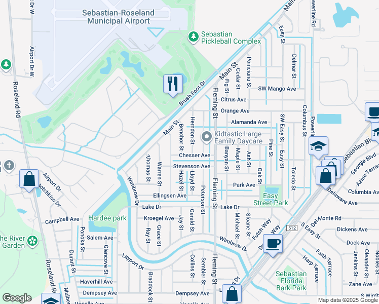 map of restaurants, bars, coffee shops, grocery stores, and more near 398 Herndon Street in Sebastian