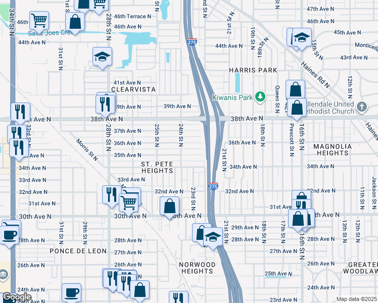 map of restaurants, bars, coffee shops, grocery stores, and more near 2335 35th Avenue North in St. Petersburg