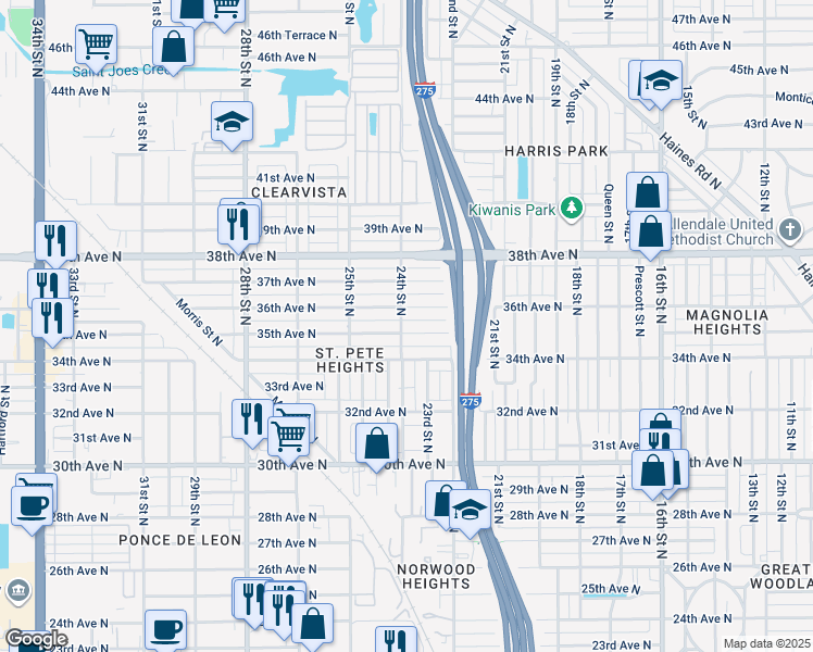 map of restaurants, bars, coffee shops, grocery stores, and more near 2335 35th Avenue North in St. Petersburg