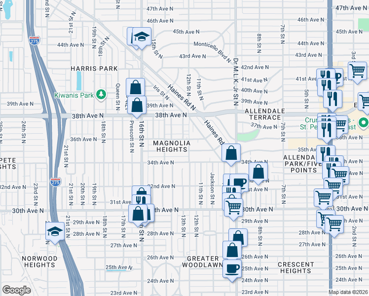 map of restaurants, bars, coffee shops, grocery stores, and more near 1229 35th Avenue North in St. Petersburg