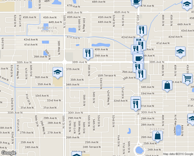 map of restaurants, bars, coffee shops, grocery stores, and more near 5380 35th Terrace North in Saint Petersburg