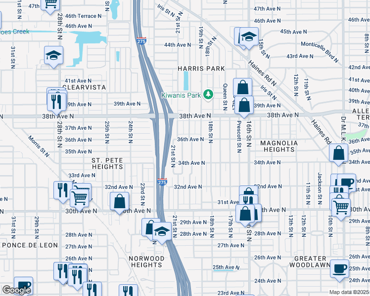 map of restaurants, bars, coffee shops, grocery stores, and more near 3519 Tarlton Street North in St. Petersburg