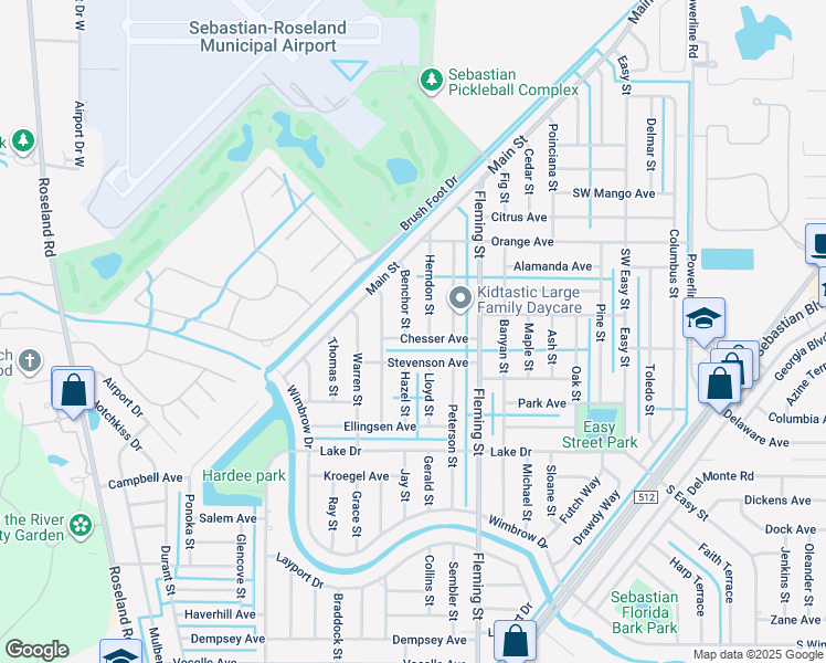 map of restaurants, bars, coffee shops, grocery stores, and more near 398 Herndon Street in Sebastian