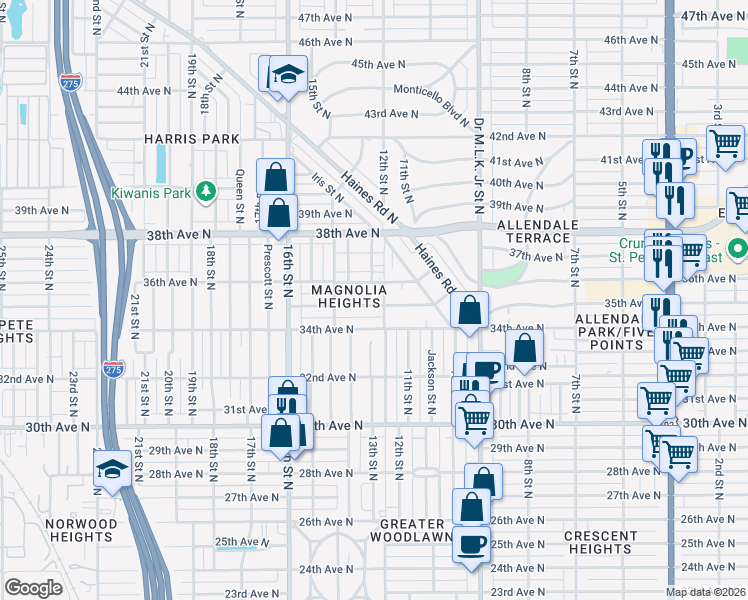 map of restaurants, bars, coffee shops, grocery stores, and more near 1229 35th Avenue North in St. Petersburg