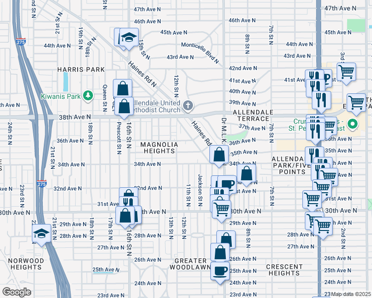 map of restaurants, bars, coffee shops, grocery stores, and more near 1121 35th Avenue North in Saint Petersburg