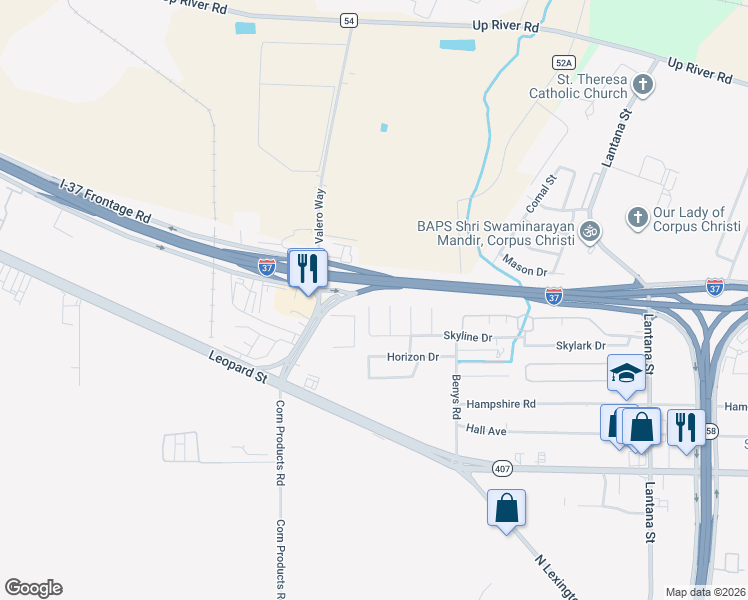map of restaurants, bars, coffee shops, grocery stores, and more near 938 Idlewild Place in Corpus Christi