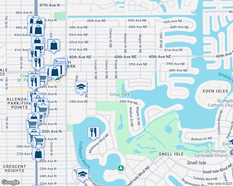 map of restaurants, bars, coffee shops, grocery stores, and more near 3598-3500 Poplar Street Northeast in St. Petersburg