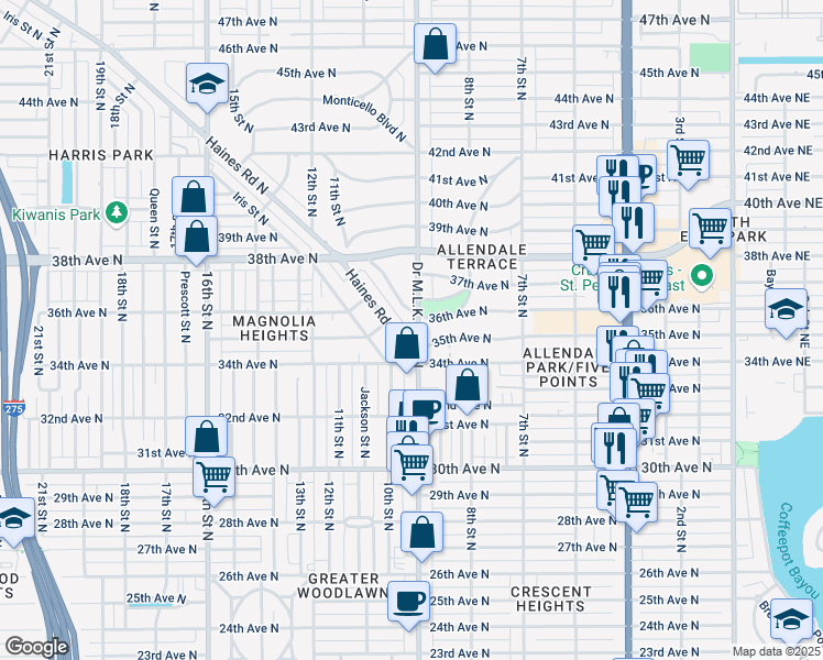 map of restaurants, bars, coffee shops, grocery stores, and more near 3510 Doctor Martin Luther King Junior Street North in St. Petersburg