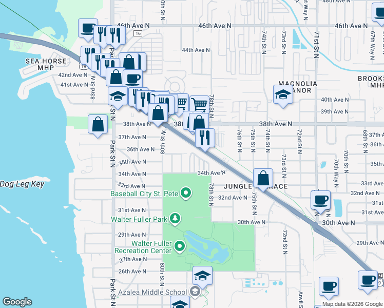 map of restaurants, bars, coffee shops, grocery stores, and more near 73 5th sttreet in St. Petersburg
