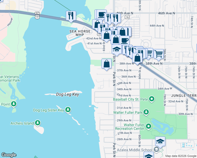 map of restaurants, bars, coffee shops, grocery stores, and more near 8375 35th Avenue North in St. Petersburg