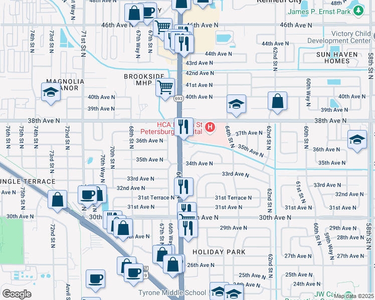 map of restaurants, bars, coffee shops, grocery stores, and more near 3451 66th Street North in Saint Petersburg
