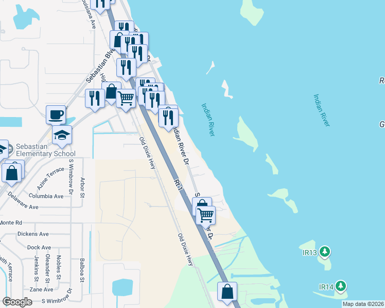 map of restaurants, bars, coffee shops, grocery stores, and more near 11536 South Indian River Drive in Sebastian