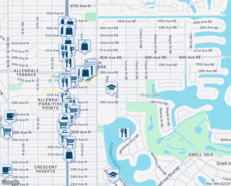 map of restaurants, bars, coffee shops, grocery stores, and more near 255 35th Avenue Northeast in Saint Petersburg
