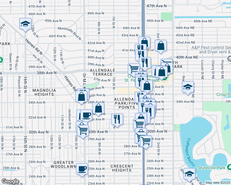 map of restaurants, bars, coffee shops, grocery stores, and more near 3501 7th Street North in Saint Petersburg