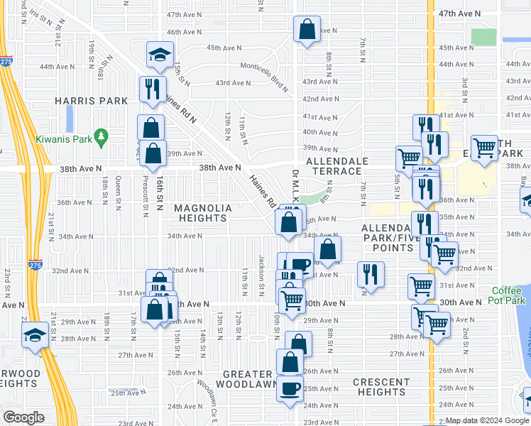 map of restaurants, bars, coffee shops, grocery stores, and more near 3459 Iris Street North in St. Petersburg