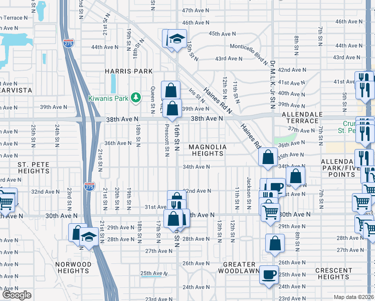 map of restaurants, bars, coffee shops, grocery stores, and more near 1535 35th Avenue North in St. Petersburg