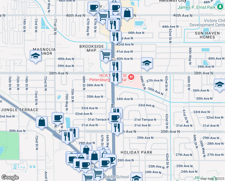 map of restaurants, bars, coffee shops, grocery stores, and more near 3451 66th Street North in St. Petersburg