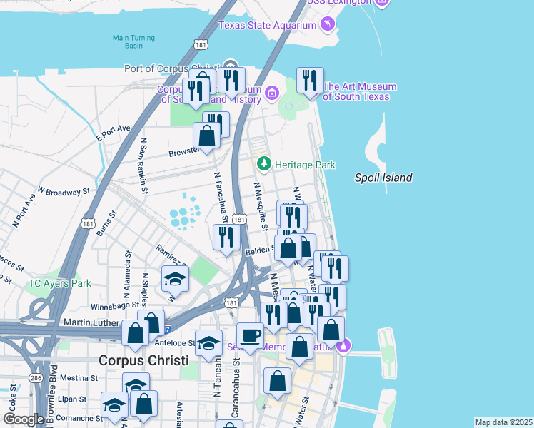 map of restaurants, bars, coffee shops, grocery stores, and more near 1315 North Chaparral Street in Corpus Christi