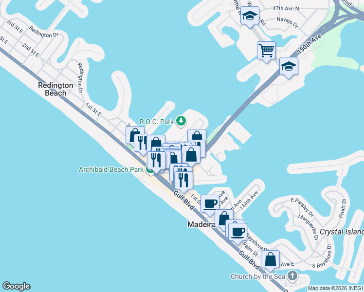 map of restaurants, bars, coffee shops, grocery stores, and more near 201 Medallion Boulevard in Madeira Beach