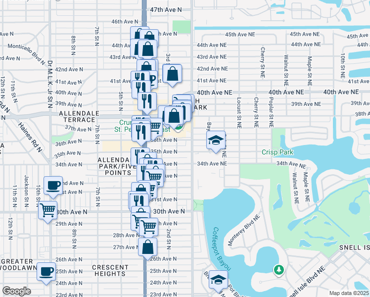 map of restaurants, bars, coffee shops, grocery stores, and more near 117 35th Avenue North in St. Petersburg