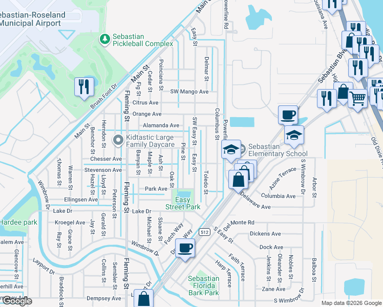 map of restaurants, bars, coffee shops, grocery stores, and more near 410 Easy Street in Sebastian