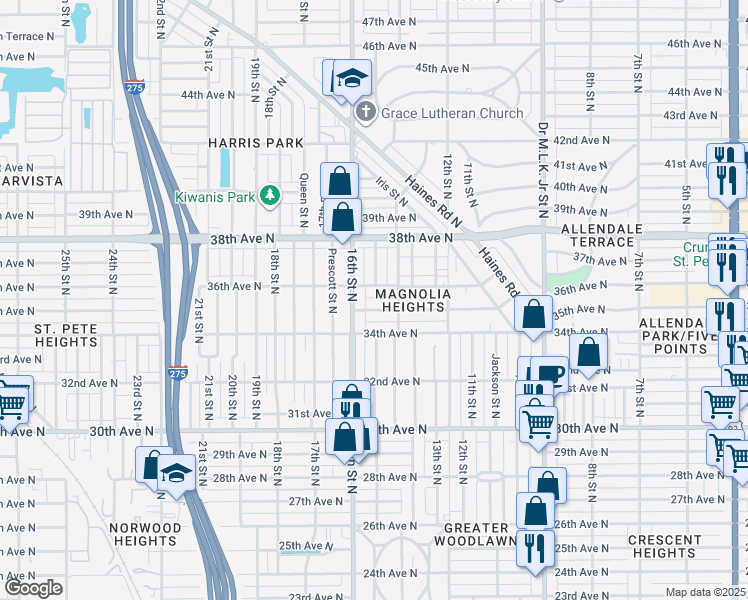map of restaurants, bars, coffee shops, grocery stores, and more near 1535 35th Avenue North in St. Petersburg