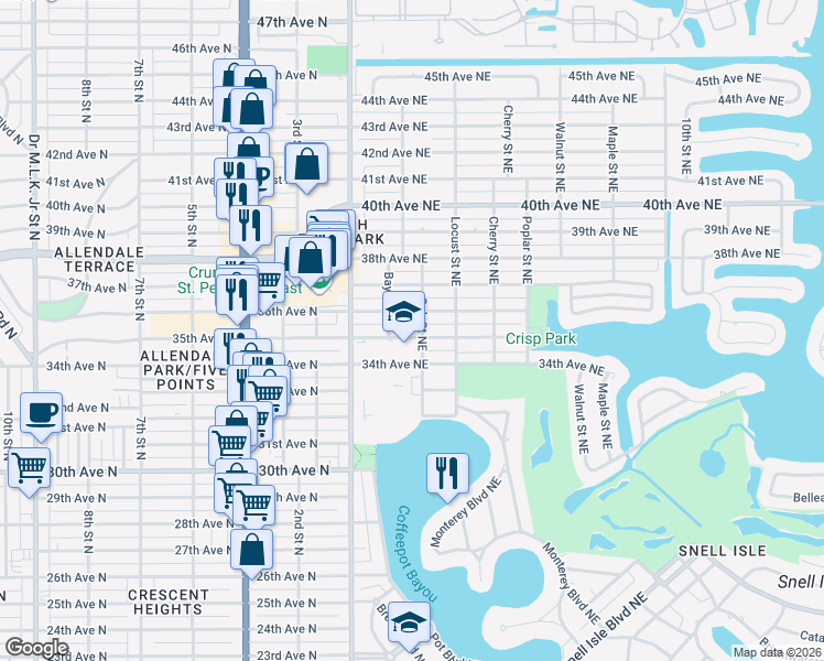 map of restaurants, bars, coffee shops, grocery stores, and more near 255 35th Avenue Northeast in St. Petersburg