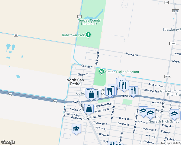 map of restaurants, bars, coffee shops, grocery stores, and more near 804 Chapa Street in Robstown