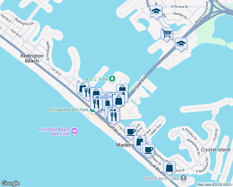 map of restaurants, bars, coffee shops, grocery stores, and more near 201 Medallion Boulevard in Madeira Beach