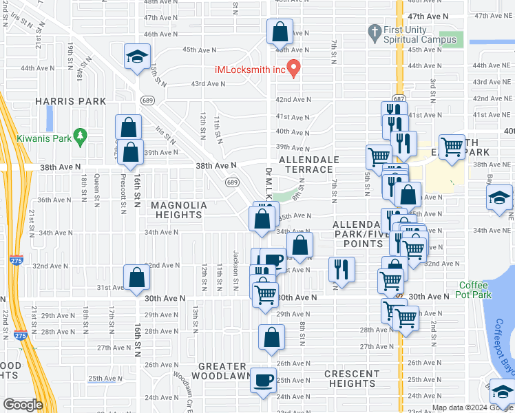 map of restaurants, bars, coffee shops, grocery stores, and more near 3510 Doctor Martin Luther King Junior Street North in St. Petersburg